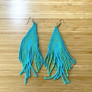 Blue Bohemian Beaded handmade Tassel Pendant Dangle Earrings